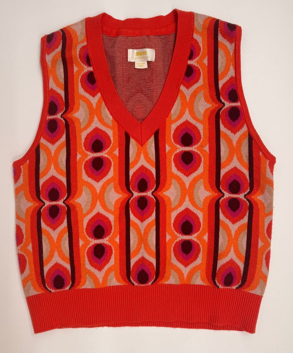Maeve Anthropologie Sweater Vest Womens Medium Orange Purple Retro Print V-Neck
